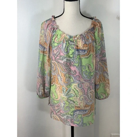 Chaps Multi-Color Paisley Semi Sheer Boho 3/4 Length Sleeve Top Sz Medium - Picture 2 of 8
